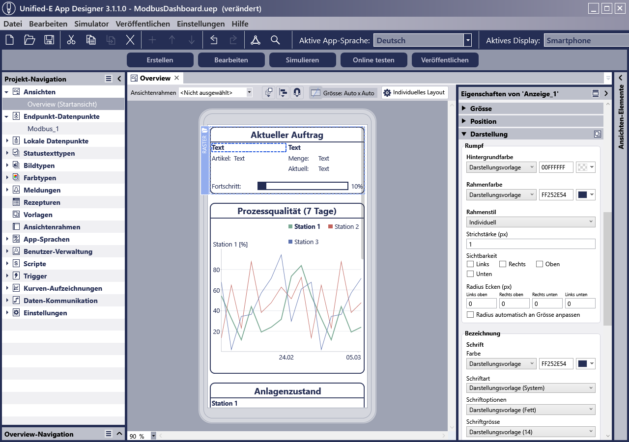 HMI-Editor für Smartphone-HMI – Maschinensteuerung mit OPC UA & Modbus